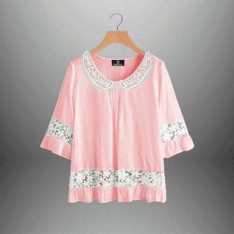 Women’s Baby Pink Top with White Lace Embellishment-RET102